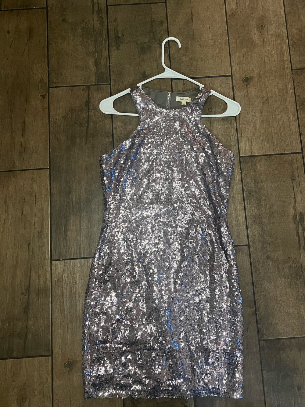 Just Me Silver Sequin Halter Mini Dress